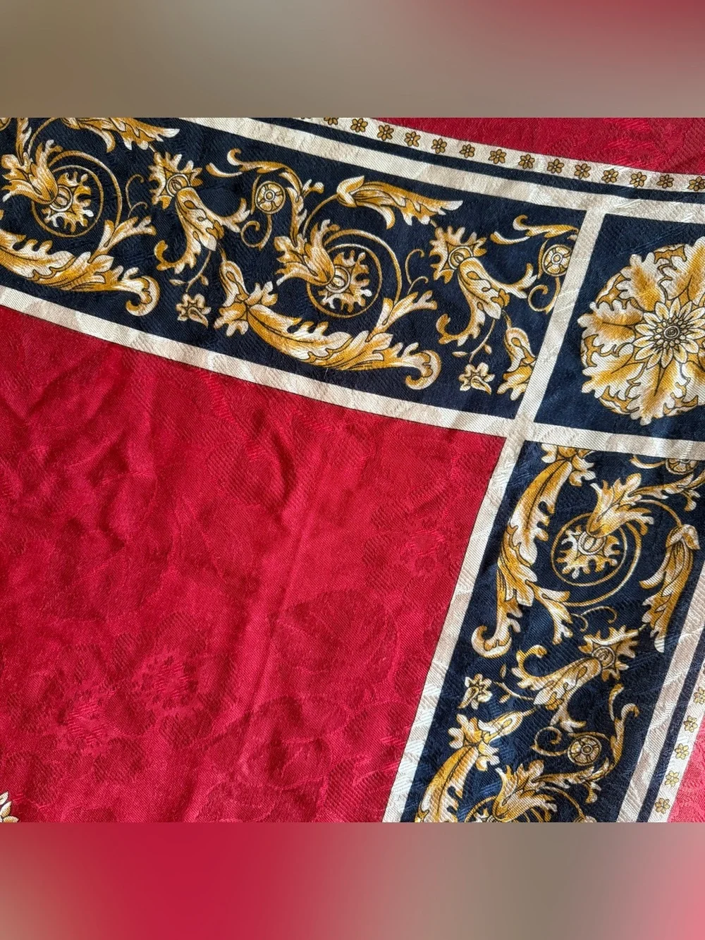 VTG Smithsonian Institution 100% Wool Baroque Scarf Shawl Italy 55” Square Red